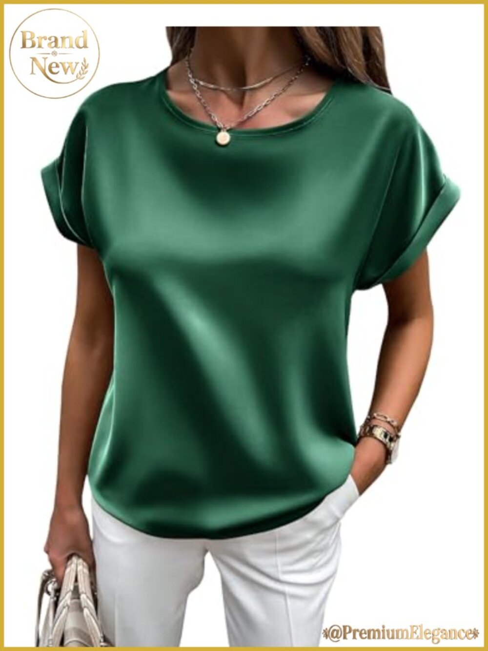 Satin Silk Short Sleeve Pullover Blouse Crewneck